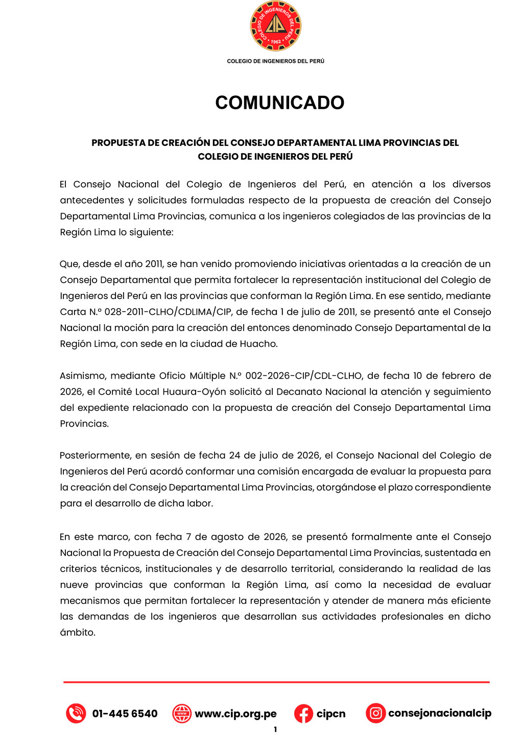Comunicado del Consejo Departamental Lima Provincias